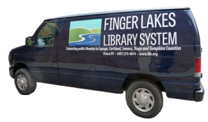 Image of a dark blue Finger Lakes Library System delivery van