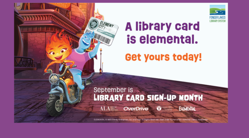 Library Card Sign up month featuring characters from Elemental movie on a motor scooter