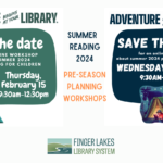Save the Date graphics for Summer Reading Planning workshops February 15th for Children and March 13th for Teens