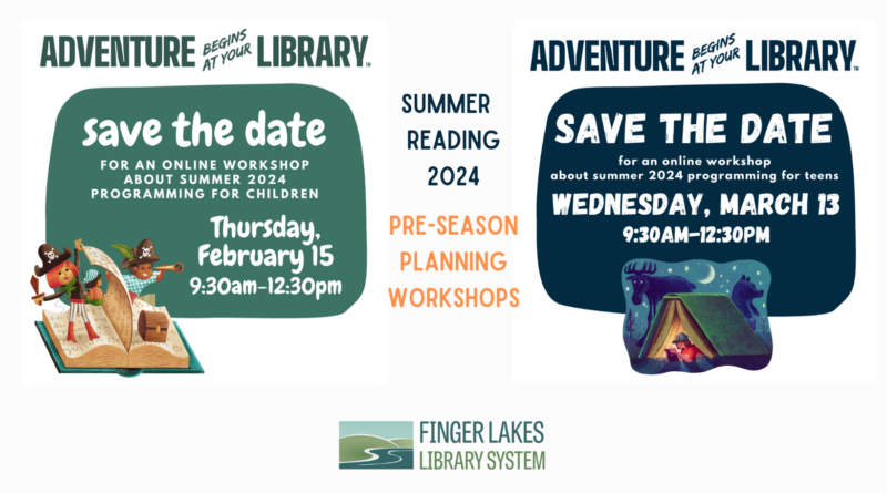 Save the Date graphics for Summer Reading Planning workshops February 15th for Children and March 13th for Teens