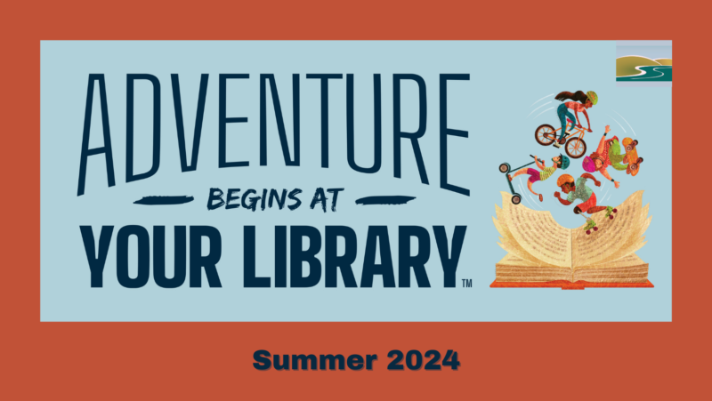 Summer Reading logo on orange background. Kids riding bikes around an open book.