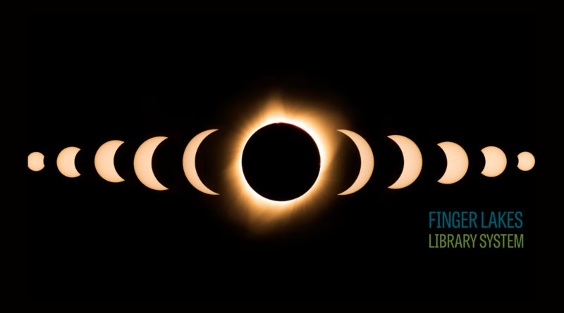 Image of total solar eclipse and Finger lakes Library System logo