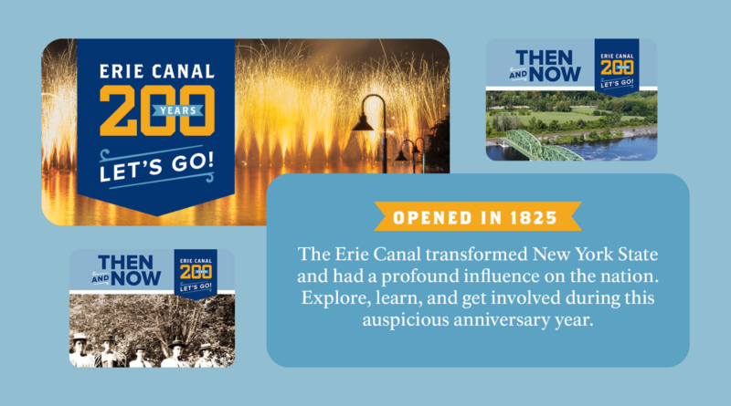 Image of Canal with Fireworks. Text about the opening of the Erie Canal in 1825