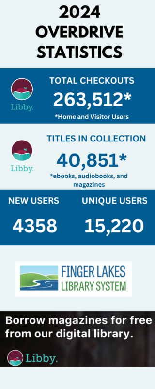 2024 OverDrive stats = 263,512 total checkouts, 40,851 titles in collection, 15,220 unique users and 4,358 new users