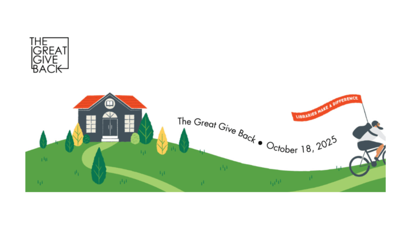Great Give Back logo 2025 library on a hill in autumn with person on bike riding by