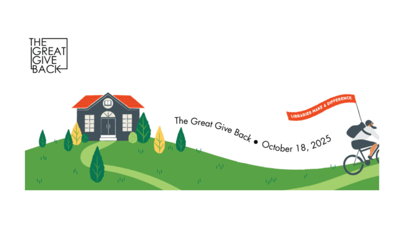Great Give Back logo 2025 library on a hill in autumn with person on bike riding by