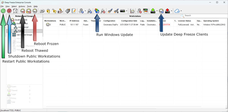 Figure 2, Deep Freeze Console with arrows pointing out the location of the Reboot and Shutdown buttons, buttons to Reboot Thawed and Frozen, manual Windows Update, and update the Deep Freeze client on Public computers.