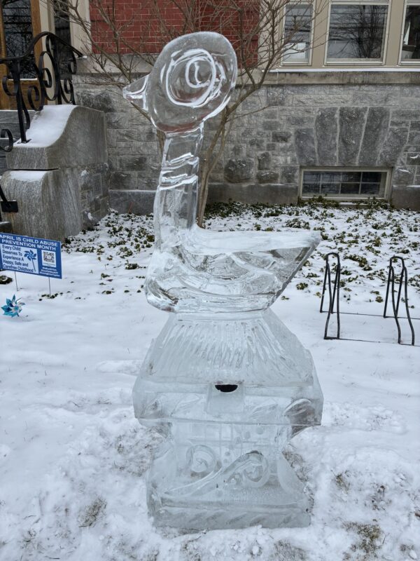 Ice sculpture of the book character, Pigeon, in front of the Phillips Free Library