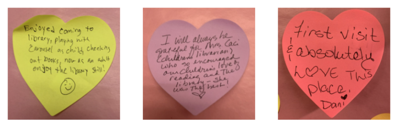 heart shaped notes from patrons describing their love for the library