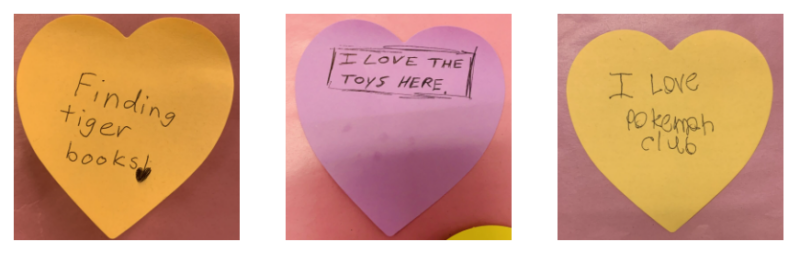 heart shaped notes from patrons describing their love for the library