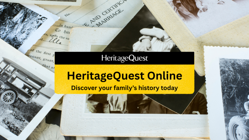 Image contains a collage of old black and white photographs, a marriage certificate and the Heritage quest logo