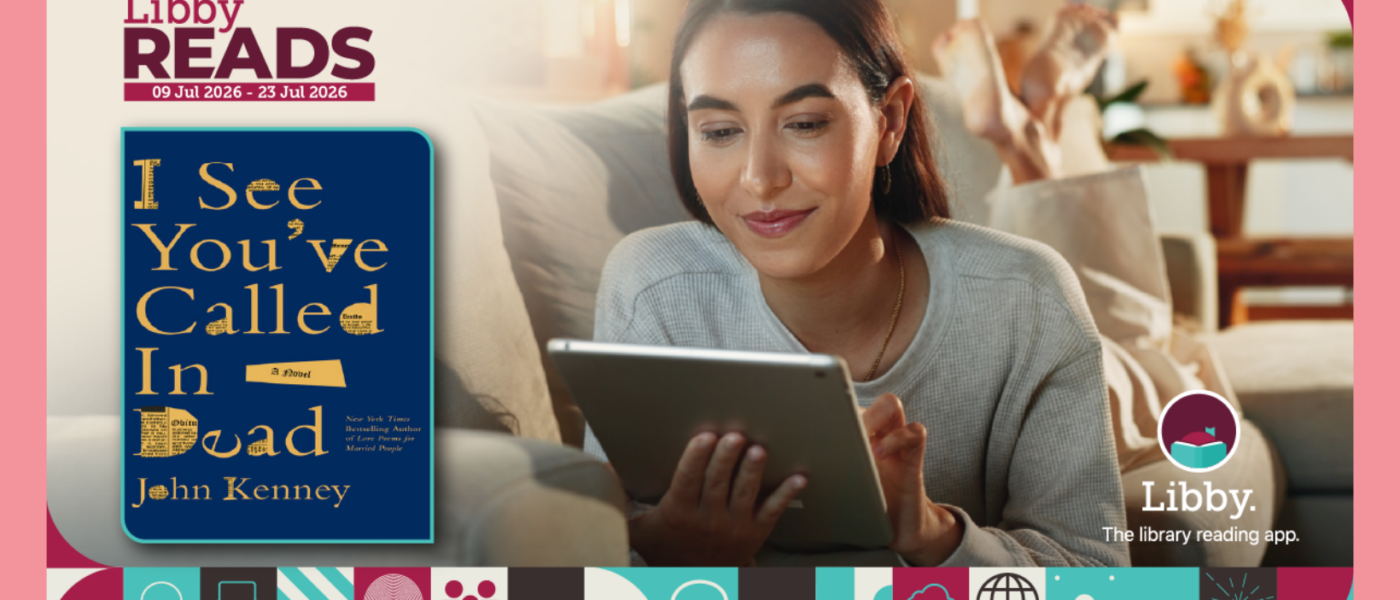 Libby Reads: The Global eBook Club Libby Reads promotional image. Person reading ebook on a tablet,