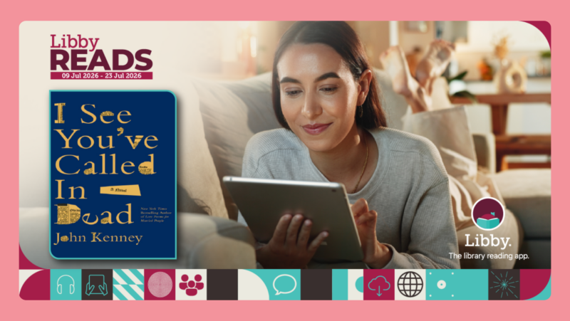 Libby Reads promotional image. Person reading ebook on a tablet,