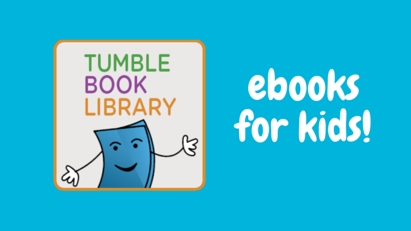 TumbleBook Library logo on blue background with text that says ebooks for kids.