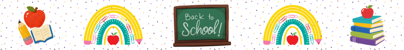 Decorative Back-to-School banner with books, pencils, and apples