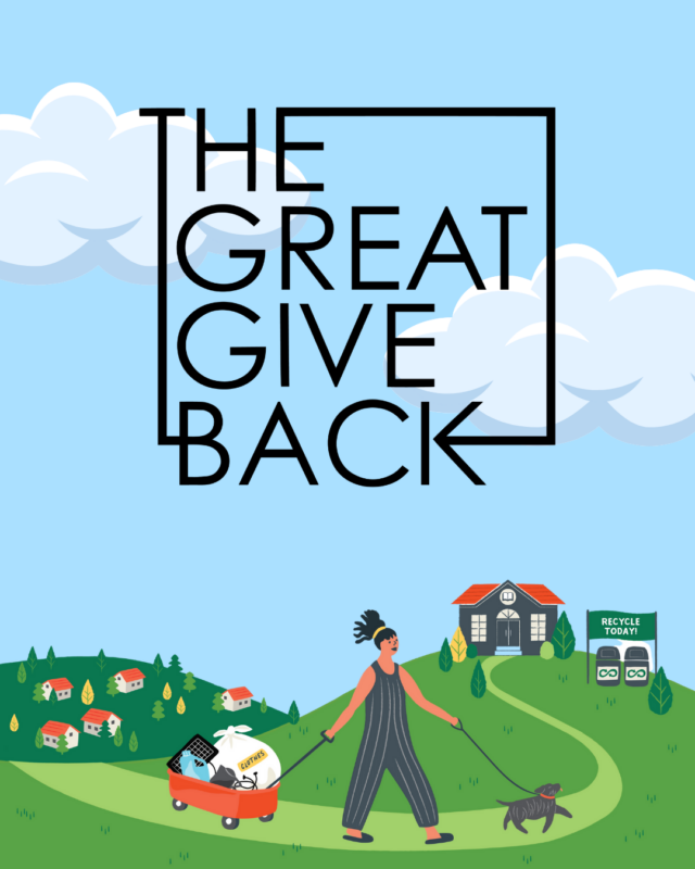 The Great Give Back logo and depiction of a patron recycling