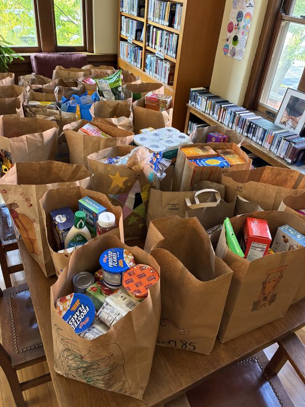 Paper bags filled with food donations