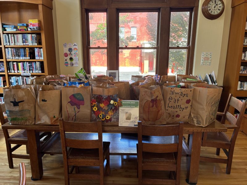 Paper bags filled with food donations