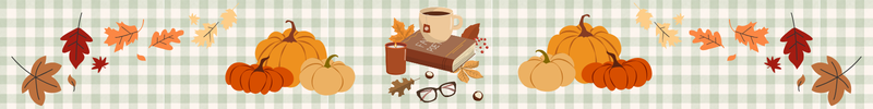 Decorative fall banner with leaves, pumpkins, books and coffee